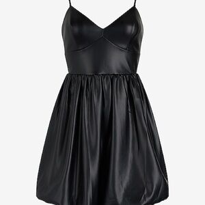 Express V-neck Mini Bubble Dress, Size XL, Black Faux Leather, Moto, Whimsy Goth
